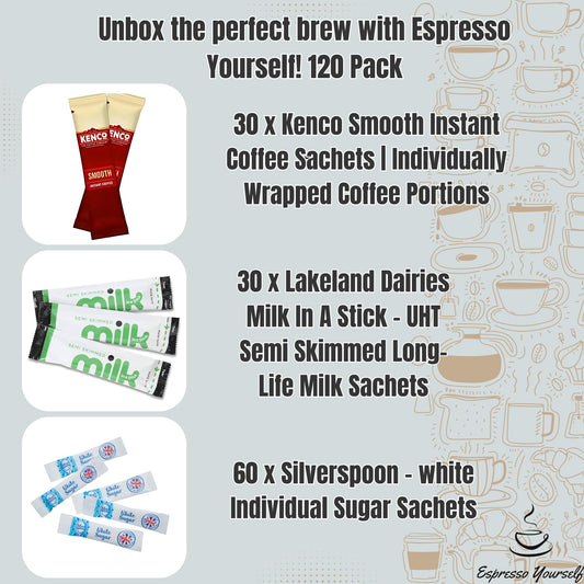120 Coffee Set – 30 Rich Instant Coffee Sachets, 30 Lakeland UHT Milk Sticks, 60 Silverspoon Sugar Sachets | Individually Wrapped Coffee Portions for Home, Office & Travel | Espresso Yourself