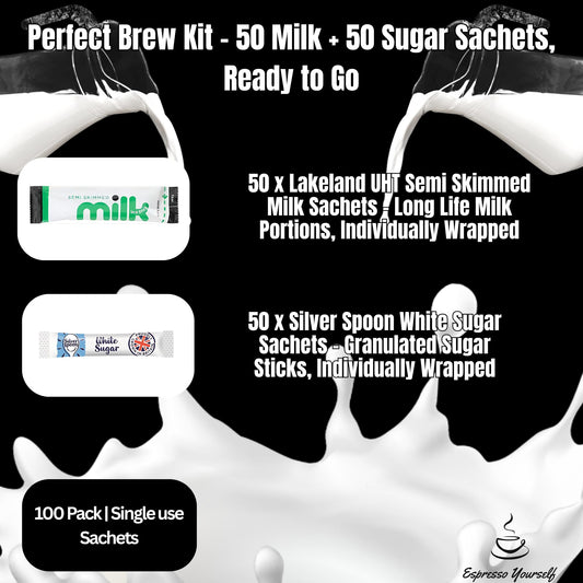 100 pack: 50 Individual Milk & 50 SilverSpoon Sugar Portions - Semi-Skimmed Long Life Milk Sachets & Sugar Sachets Bundle for Coffee & Tea - Office & Travel Friendly - Exclusive to Espresso Yourself