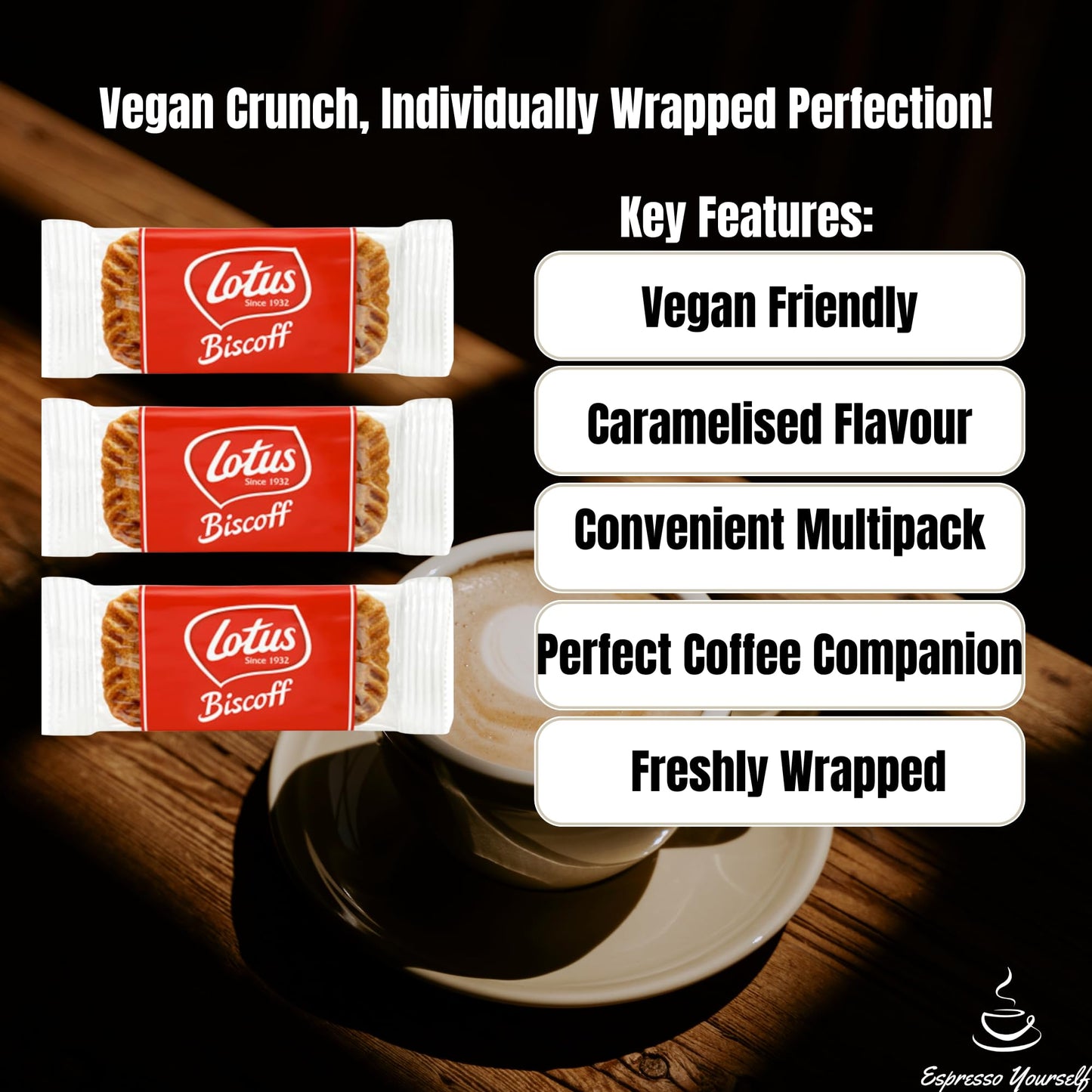 30 x Lotus Biscoff Caramelised Single Biscuits Individually Wrapped by Espresso Yourself ā Vegan Biscuits Perfect for Coffee, Convenient Multipacks of Individual Wrapped Biscuits Packs