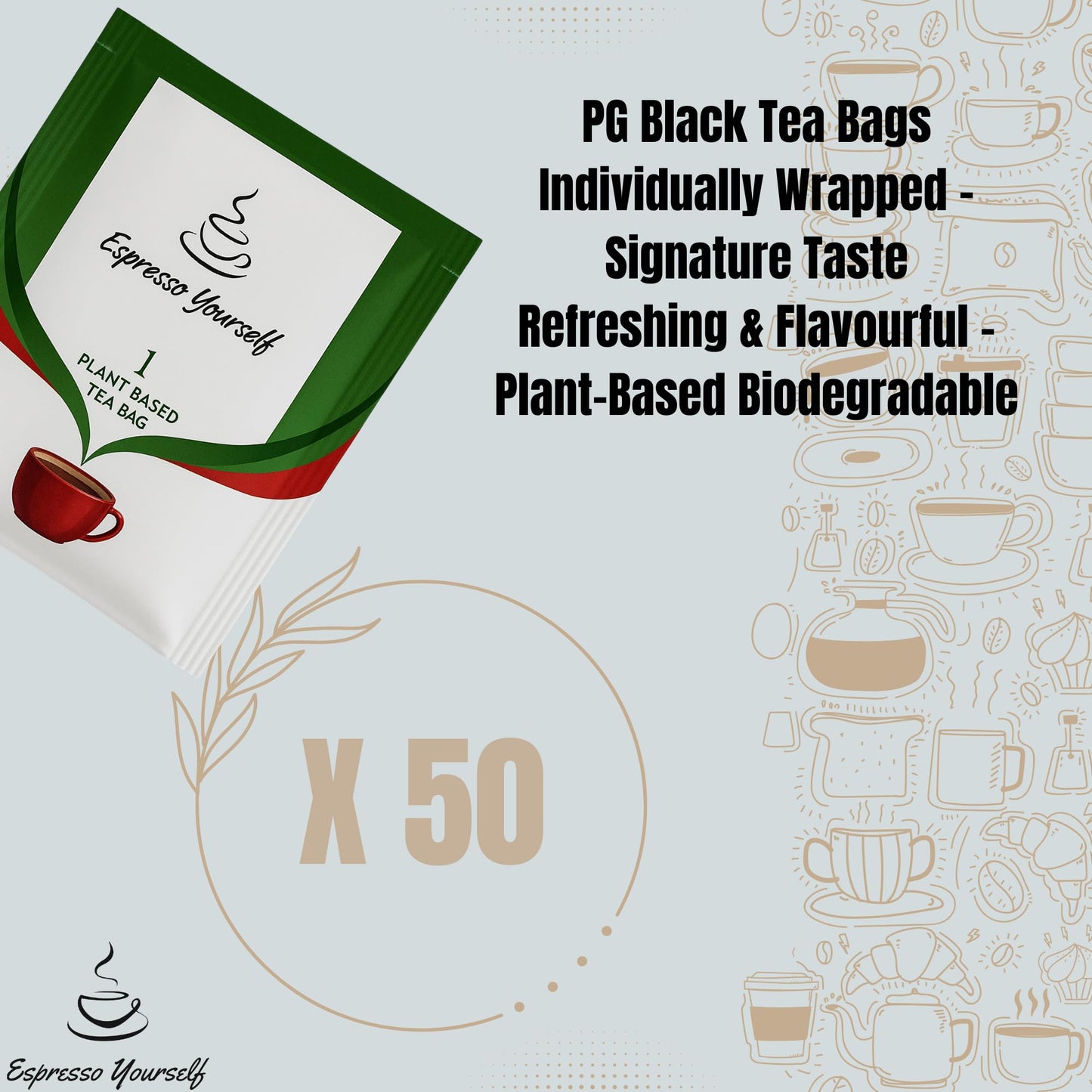 50 Individually Wrapped Tea Bags Bulk by Espresso Yourself – Teabags, Signature Taste, Refreshing & Flavourful, Plant-Based Biodegradable Tea Sachets – Letterbox Friendly