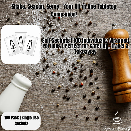 100 Salt Sachets – Individually Wrapped Table Salt Portions – Disposable Packets for Travel, Catering, Takeaway, Lunchboxes & Portion Control – by Espresso Yourself