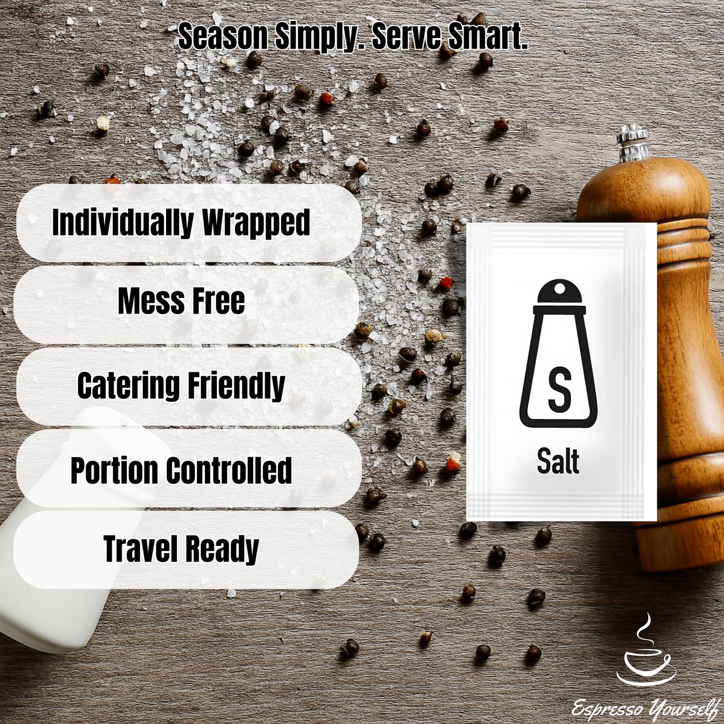 100 Salt Sachets – Individually Wrapped Table Salt Portions – Disposable Packets for Travel, Catering, Takeaway, Lunchboxes & Portion Control – by Espresso Yourself