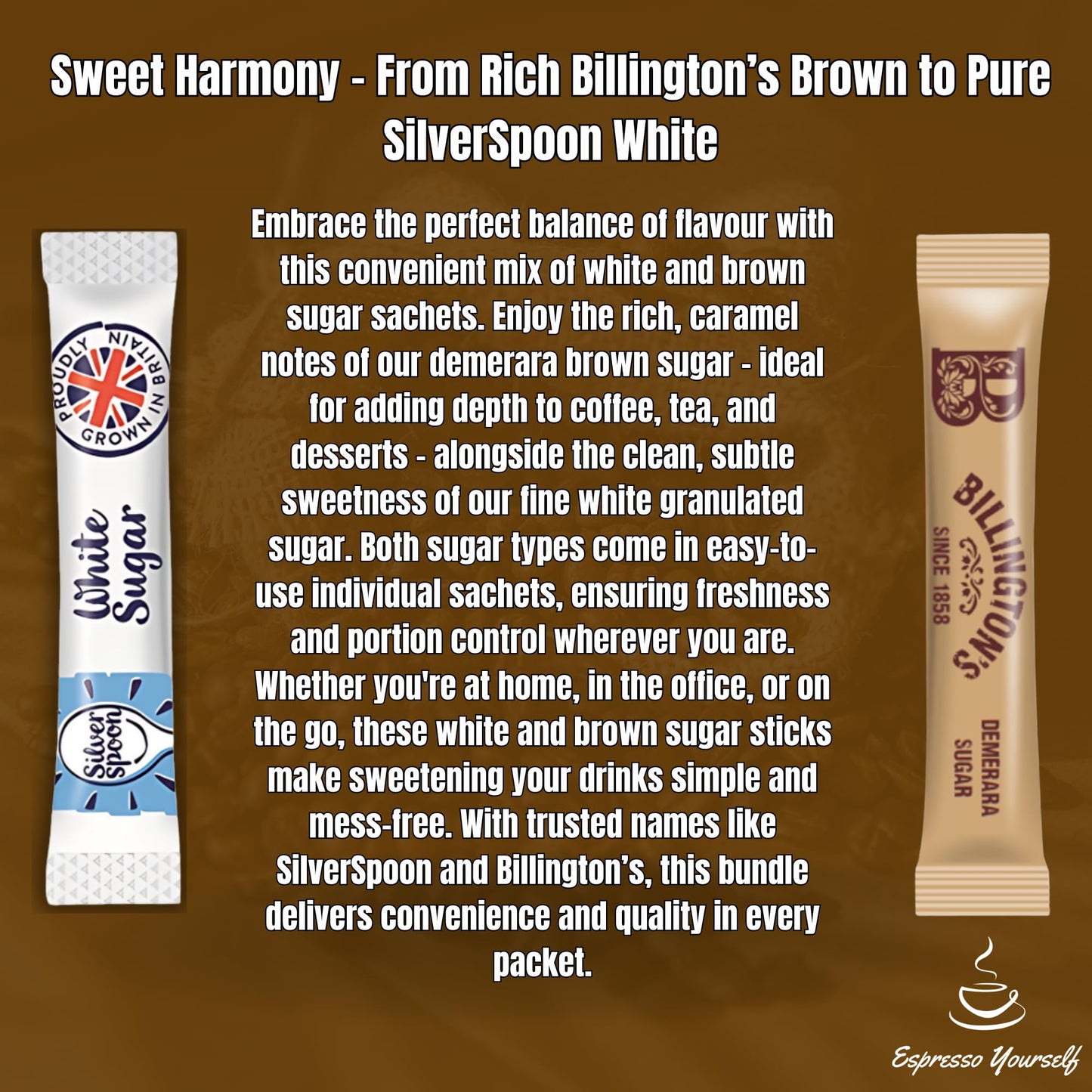 200x Sugar Sachets – 100 White (Silver Spoon) & 100 Brown (Billington’s) Sugar Sticks | Individually Wrapped | Perfect for Home, Office, Camping & Travel | Espresso Yourself Bundle