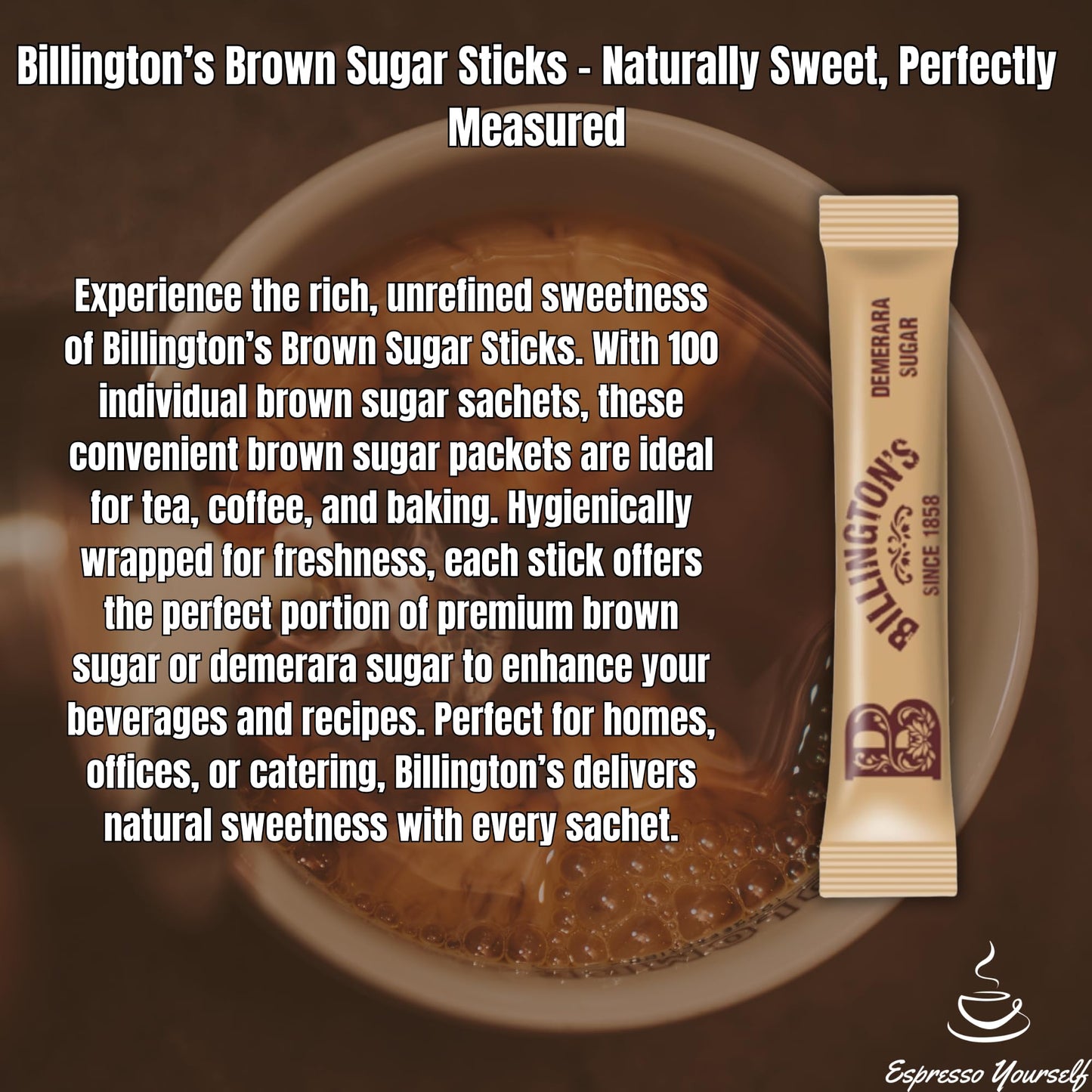 300 Pack โ 100 SilverSpoon White Sugar Sachets, 100 Billington's Brown Sugar Sachets, 100 Wooden Coffee Stirrers | Individually Wrapped Sugar Sticks & Stirrers Set | Espresso Yourself