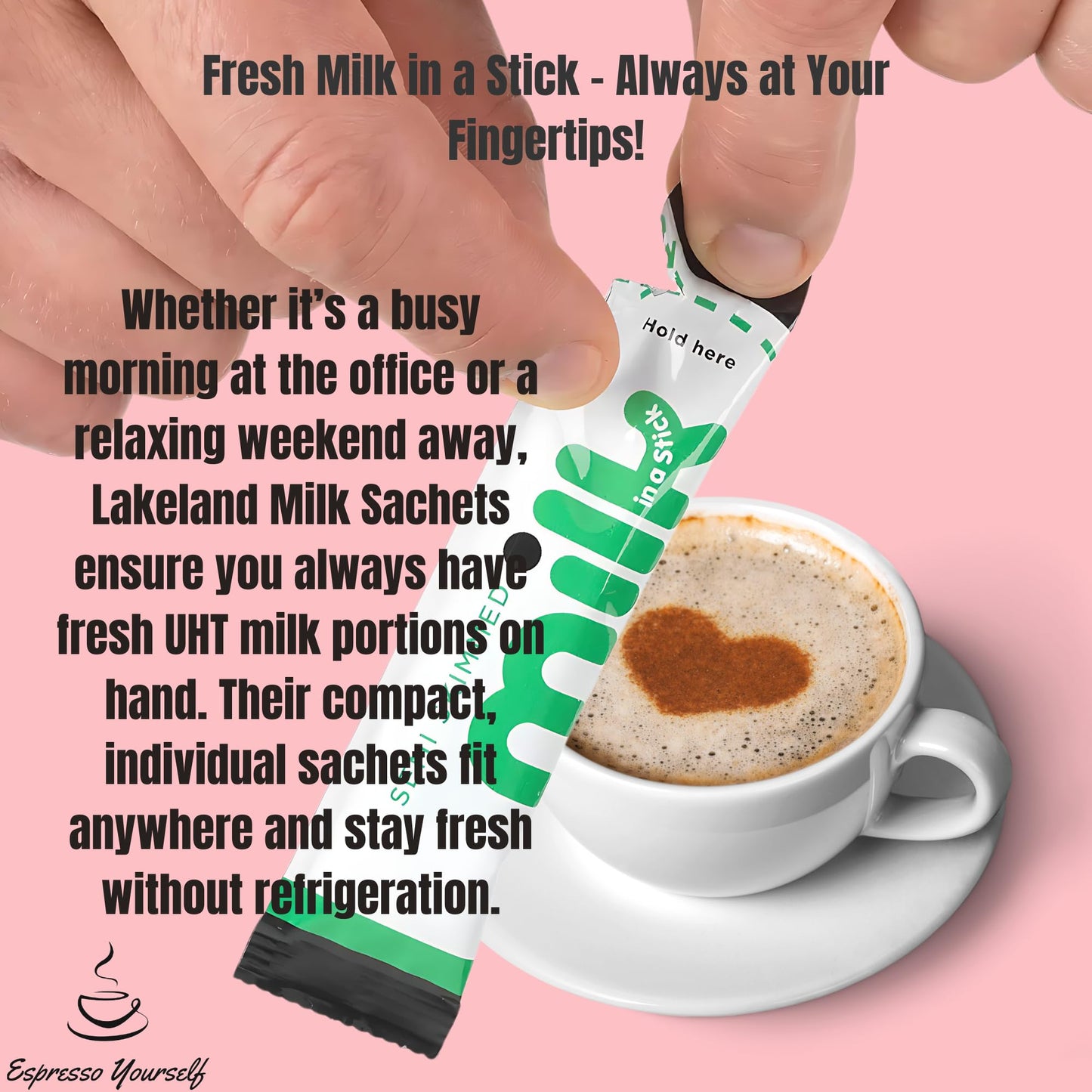 30 x Lakeland Dairies Milk In A Stick - UHT Semi Skimmed Milk Sachets - 10ml Each. Ideal for Travel, Camping, Work, Hotels, Airplanes, and Letterbox Friendly Packaging By Espresso Yourself