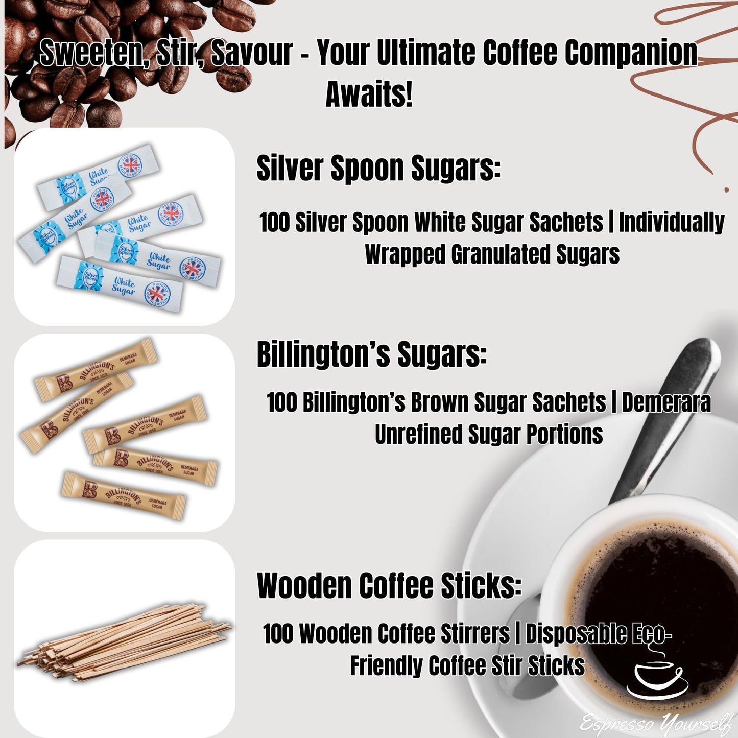 300 Pack โ 100 SilverSpoon White Sugar Sachets, 100 Billington's Brown Sugar Sachets, 100 Wooden Coffee Stirrers | Individually Wrapped Sugar Sticks & Stirrers Set | Espresso Yourself