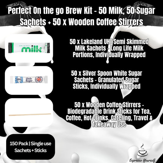 150 Piece Hot Drink Kit – 50 Milk Sachets, 50 Sugar Sachets & 50 Wooden Coffee Stirrers – Individually Wrapped for Tea, Coffee, Office, Travel, Catering, Hospitality