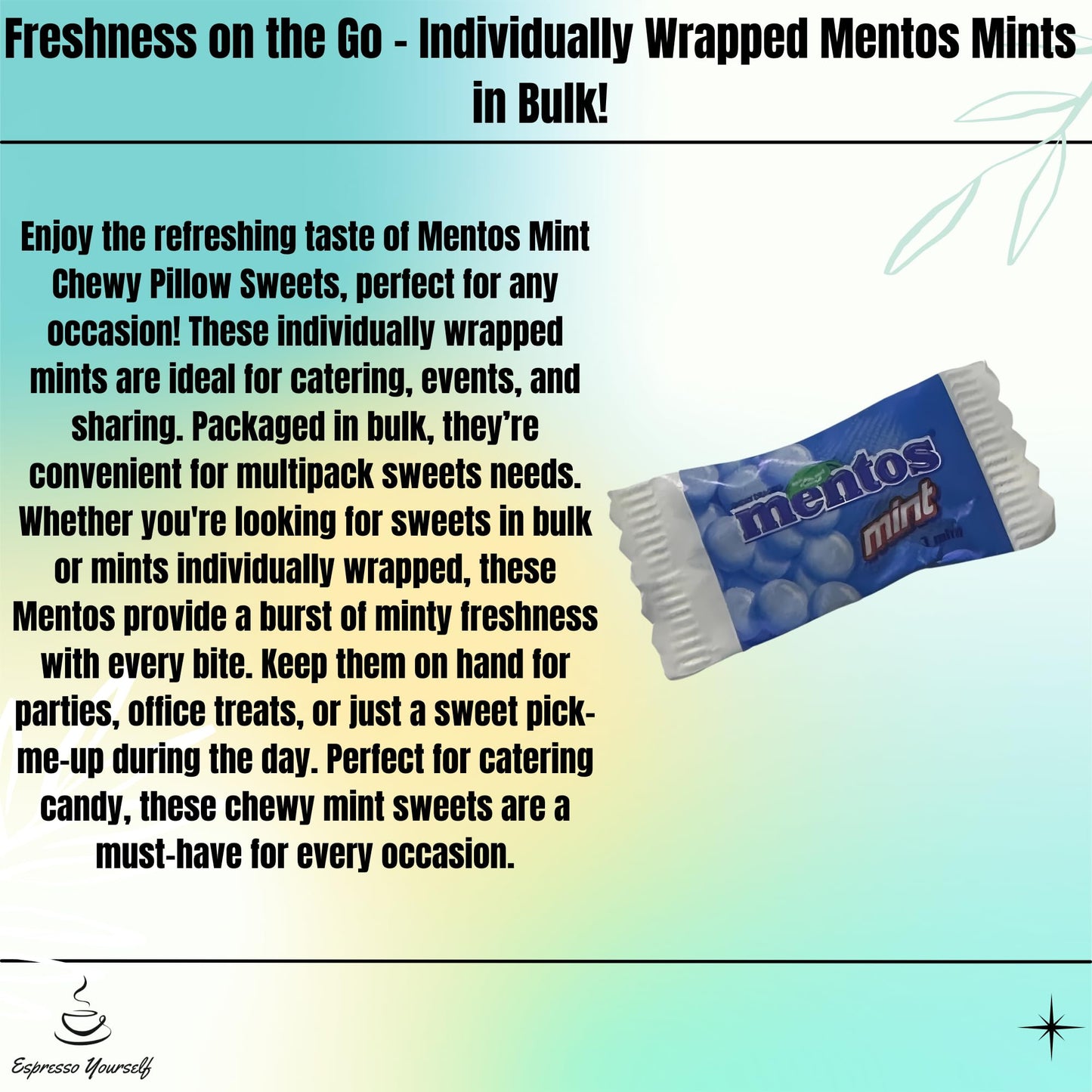 50 x Mentos Mint Individually Wrapped Chewy Pillow Sweets by Espresso Yourself ā Portion Mints Bulk Sweets, Perfect for Catering, Multipack Sweets, Office, Travel & Events