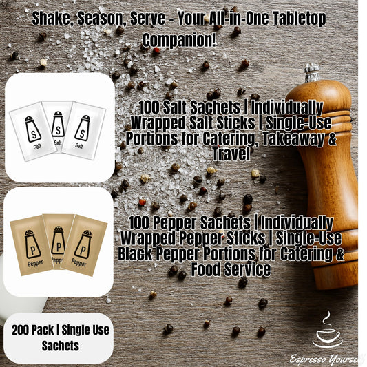 200 Salt & Pepper Sachets | 100 Salt Sachets & 100 Pepper Sachets | Individually Wrapped Portions | Disposable Condiment Sachets for Catering, Takeaway, Travel, Lunchboxes & Portion Control | Espresso