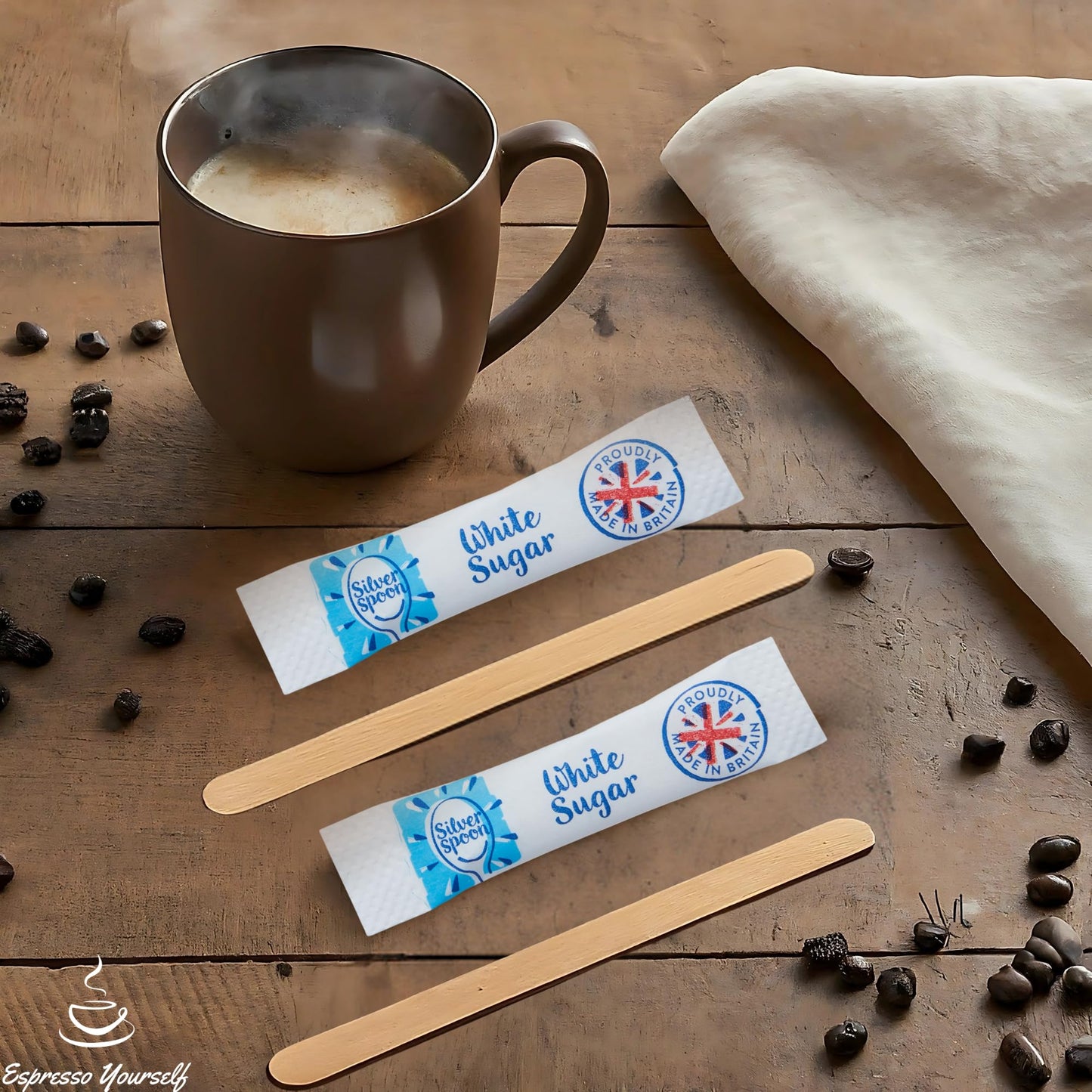 200 White Sugar Sticks & 100 Wooden Coffee Stirrers, Disposable & Eco-Friendly 140mm โ Silverspoon Sugar Sachets, Granulated Sugar, Stirring Sticks for Hot Drinks โ Espresso Yourself