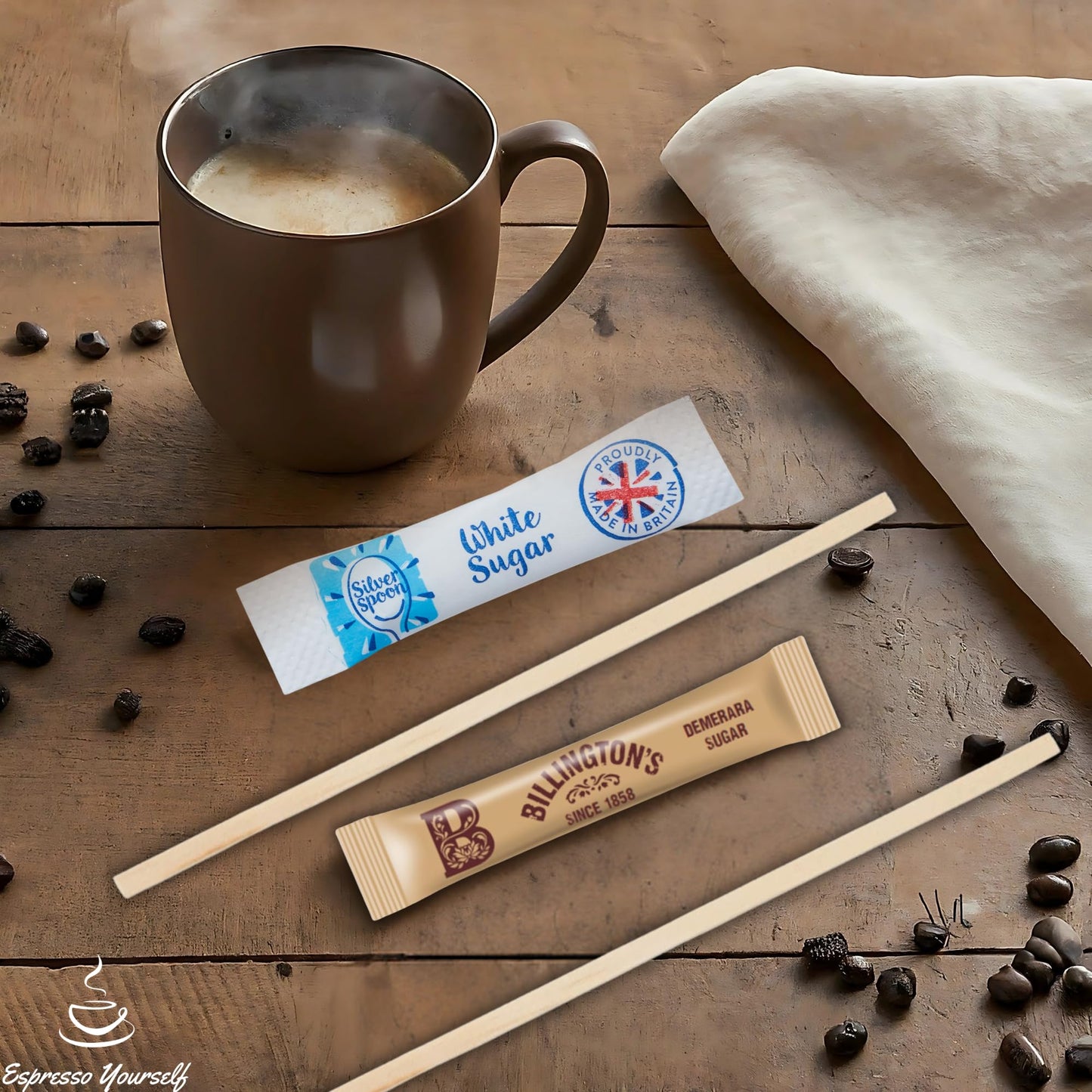 300 Pack โ 100 SilverSpoon White Sugar Sachets, 100 Billington's Brown Sugar Sachets, 100 Wooden Coffee Stirrers | Individually Wrapped Sugar Sticks & Stirrers Set | Espresso Yourself