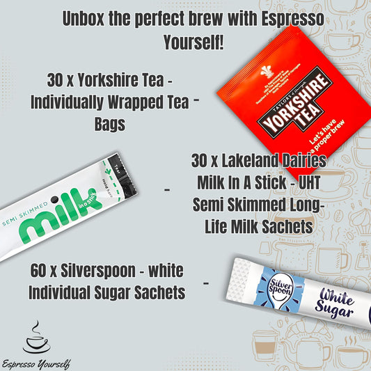 120 Tea Set – 30 Yorkshire Individually Wrapped Tea Bags, 30 Lakeland UHT Milk Sachets, 60 SilverSpoon Sugar Sticks | Tea Sachets Bundle for Office, Travel & Home | Espresso Yourself