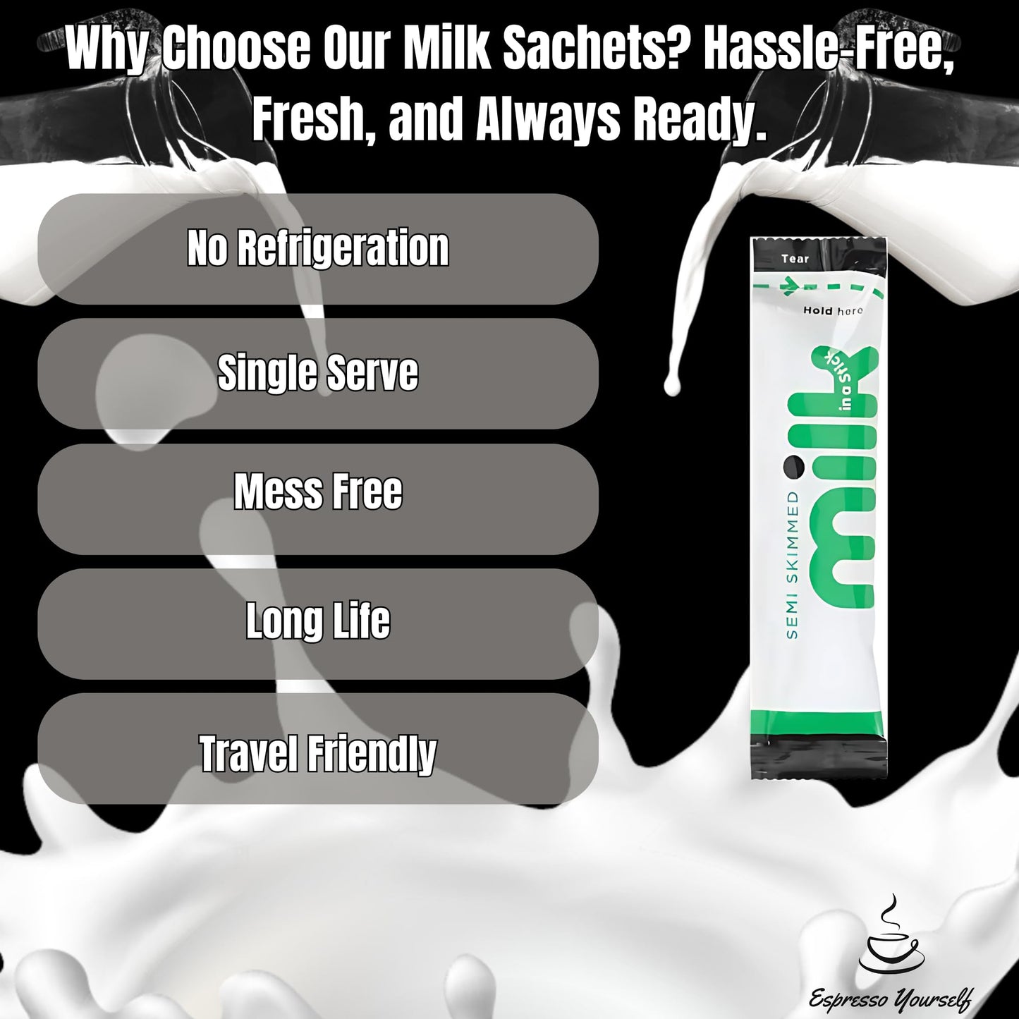 100 pack: 50 Individual Milk & 50 SilverSpoon Sugar Portions - Semi-Skimmed Long Life Milk Sachets & Sugar Sachets Bundle for Coffee & Tea - Office & Travel Friendly - Exclusive to Espresso Yourself