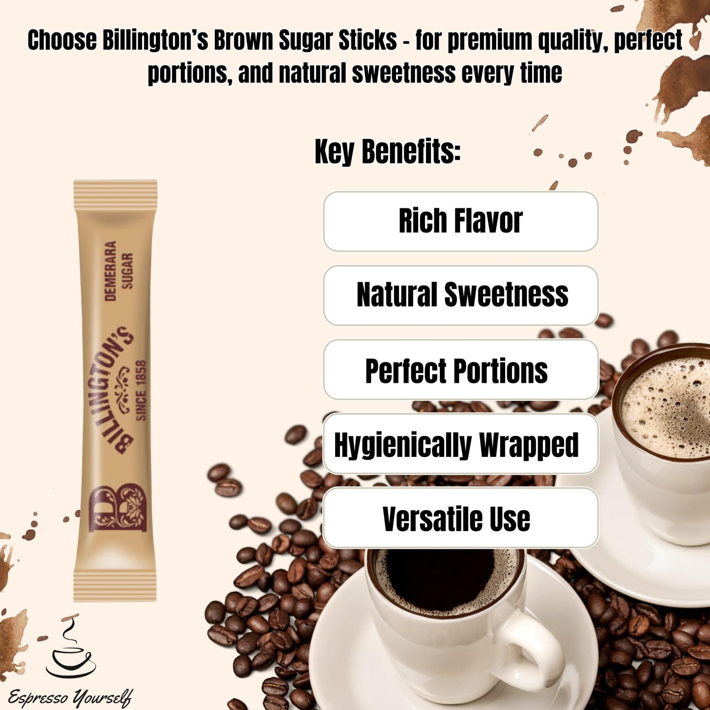 150 Brown Sugar Sticks | Demerara Sugar Sachets | Individual Brown Sugar Sachets | Sugar Sticks for Tea & Coffee | Letterbox Friendly | Packed by Espresso Yourself