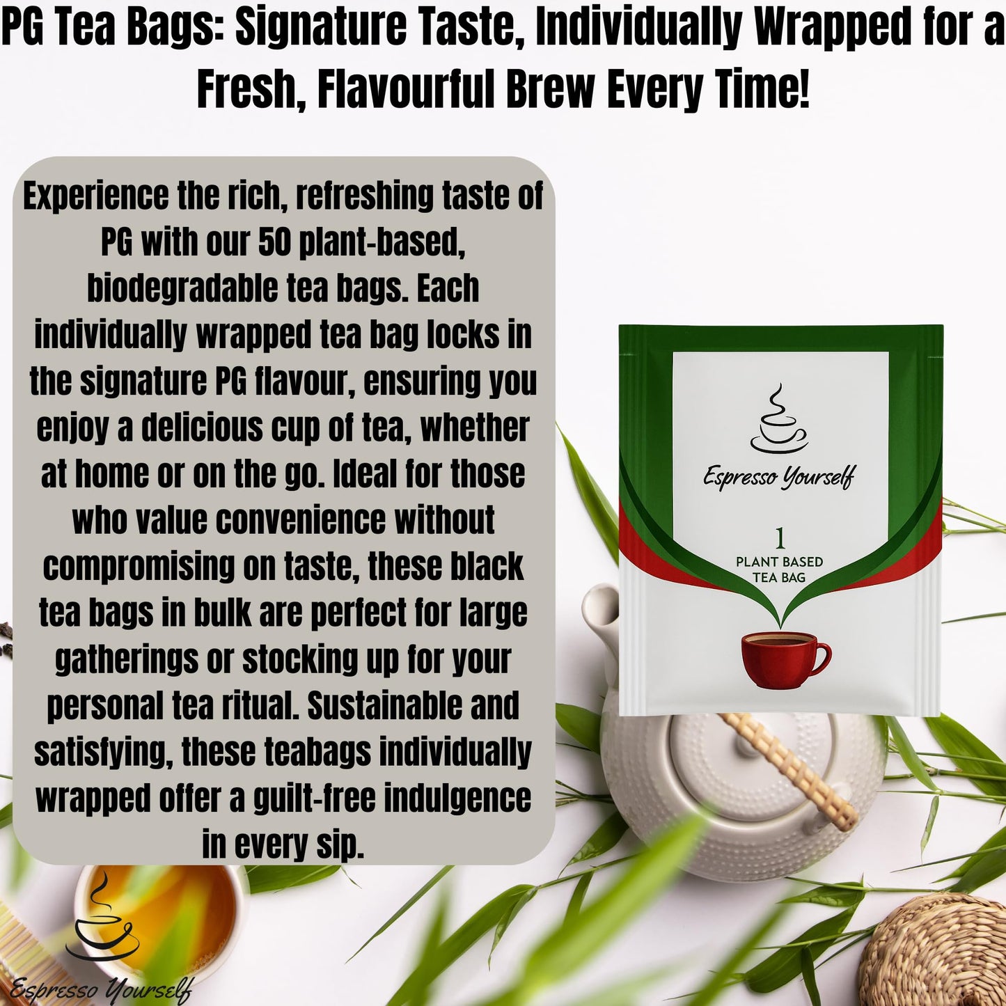 50 Individually Wrapped Tea Bags Bulk by Espresso Yourself – Teabags, Signature Taste, Refreshing & Flavourful, Plant-Based Biodegradable Tea Sachets – Letterbox Friendly