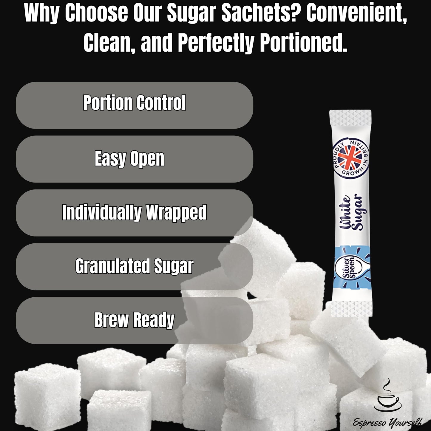 100 pack: 50 Individual Milk & 50 SilverSpoon Sugar Portions - Semi-Skimmed Long Life Milk Sachets & Sugar Sachets Bundle for Coffee & Tea - Office & Travel Friendly - Exclusive to Espresso Yourself