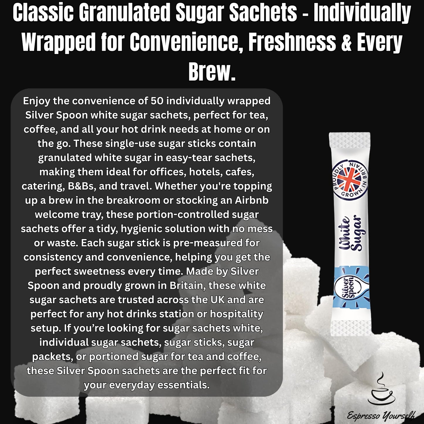100 pack: 50 Individual Milk & 50 SilverSpoon Sugar Portions - Semi-Skimmed Long Life Milk Sachets & Sugar Sachets Bundle for Coffee & Tea - Office & Travel Friendly - Exclusive to Espresso Yourself