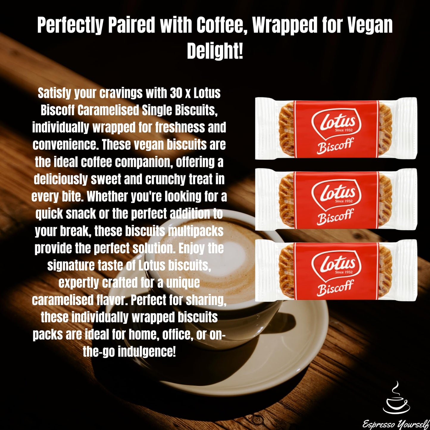 30 x Lotus Biscoff Caramelised Single Biscuits Individually Wrapped by Espresso Yourself – Vegan Biscuits Perfect for Coffee, Convenient Multipacks of Individual Wrapped Biscuits Packs