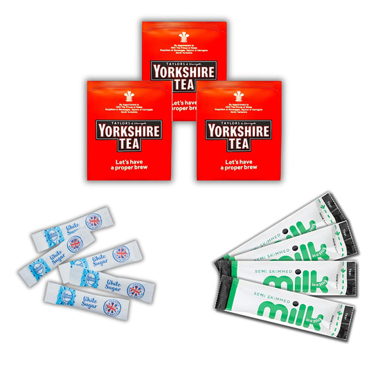 120 Tea Set – 30 Yorkshire Individually Wrapped Tea Bags, 30 Lakeland UHT Milk Sachets, 60 SilverSpoon Sugar Sticks | Tea Sachets Bundle for Office, Travel & Home | Espresso Yourself