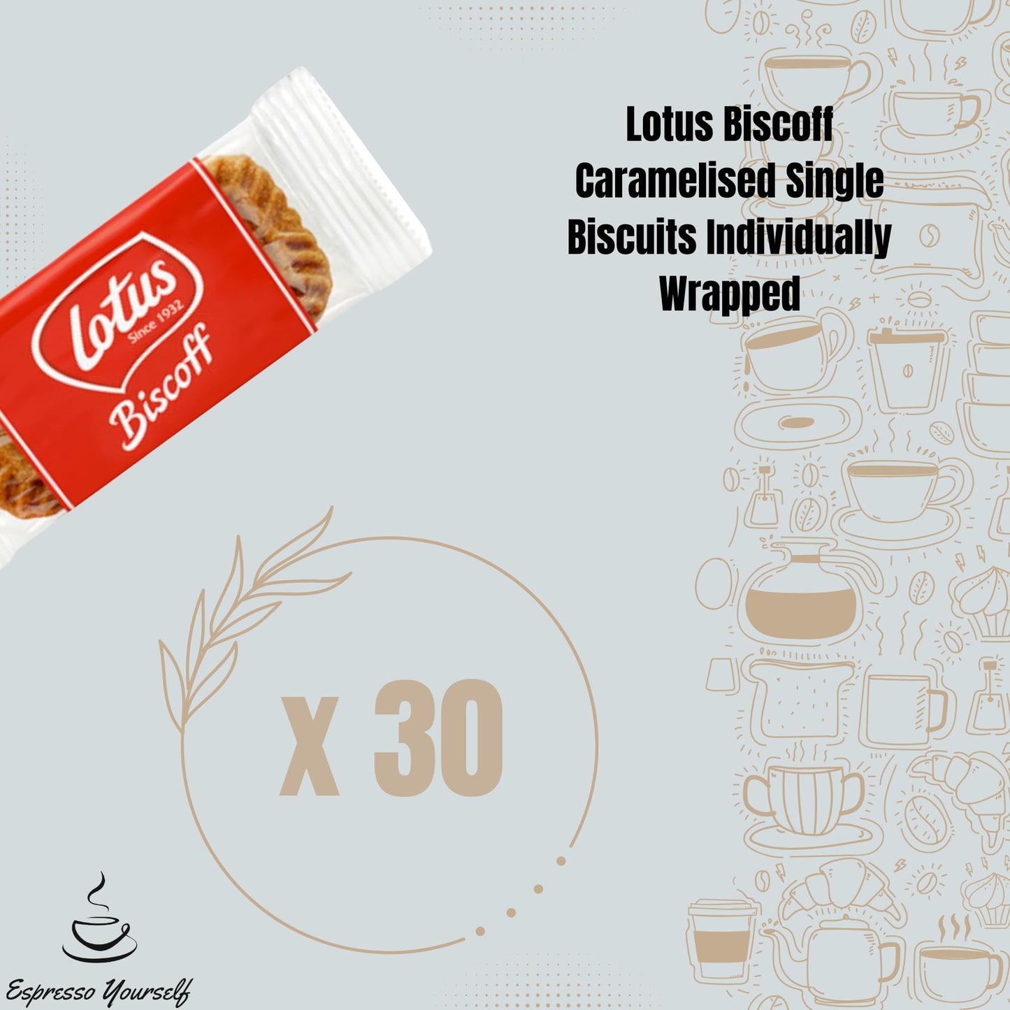 30 x Lotus Biscoff Caramelised Single Biscuits Individually Wrapped by Espresso Yourself – Vegan Biscuits Perfect for Coffee, Convenient Multipacks of Individual Wrapped Biscuits Packs
