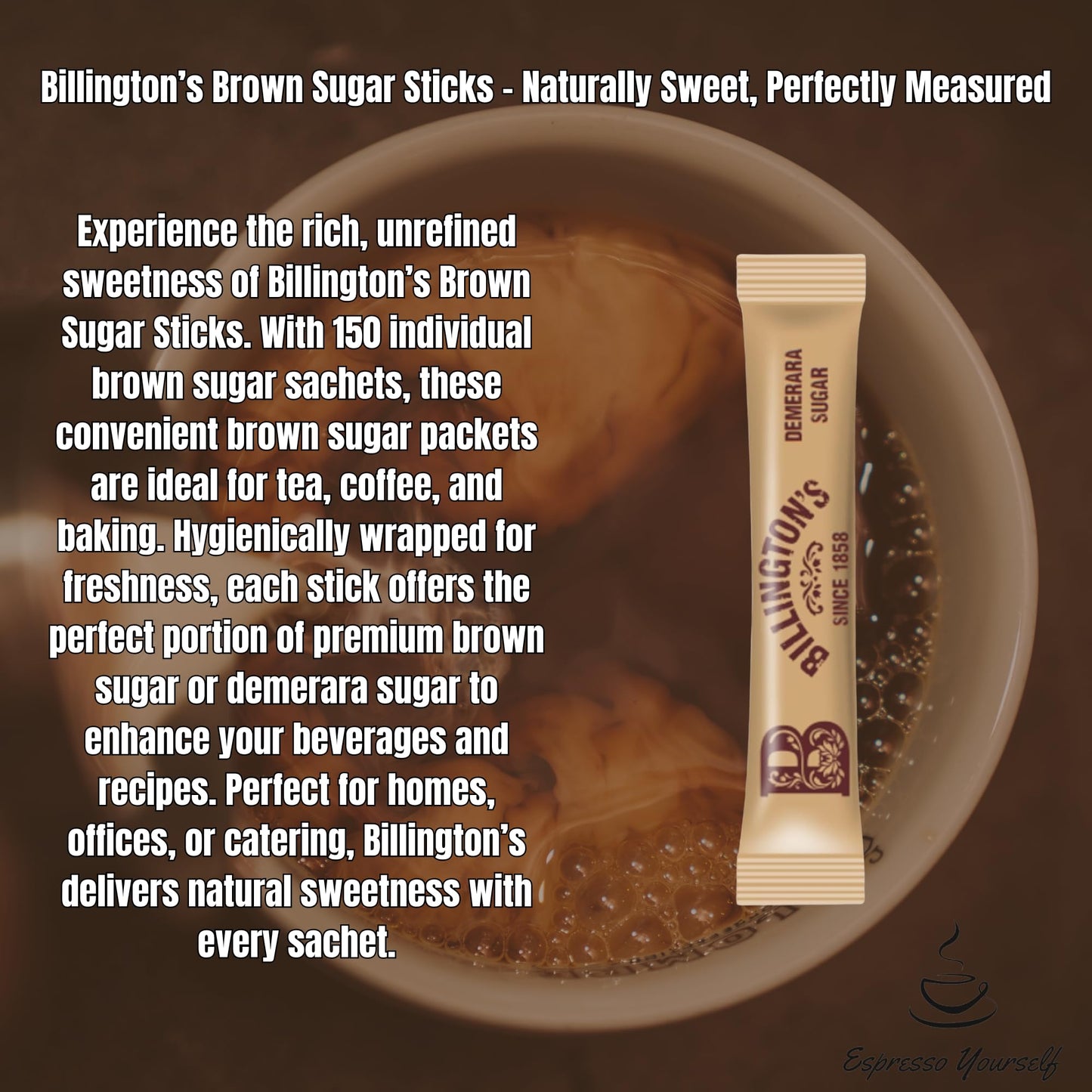 150 Brown Sugar Sticks | Demerara Sugar Sachets | Individual Brown Sugar Sachets | Sugar Sticks for Tea & Coffee | Letterbox Friendly | Packed by Espresso Yourself