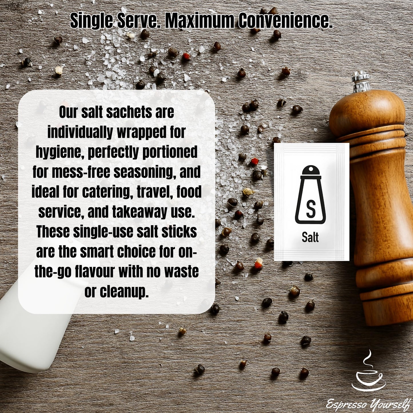200 Salt & Pepper Sachets | 100 Salt Sachets & 100 Pepper Sachets | Individually Wrapped Portions | Disposable Condiment Sachets for Catering, Takeaway, Travel, Lunchboxes & Portion Control | Espresso
