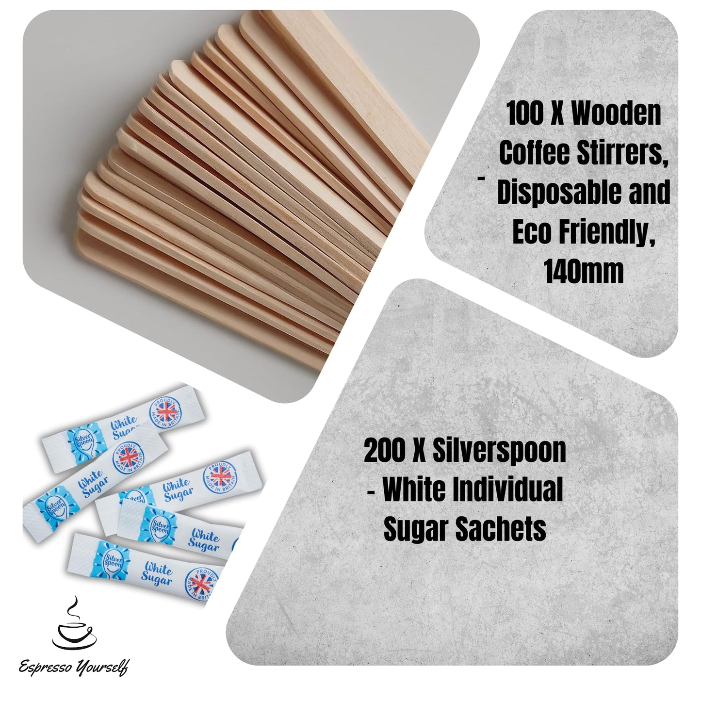 200 White Sugar Sticks & 100 Wooden Coffee Stirrers, Disposable & Eco-Friendly 140mm – Silverspoon Sugar Sachets, Granulated Sugar, Stirring Sticks for Hot Drinks – Espresso Yourself