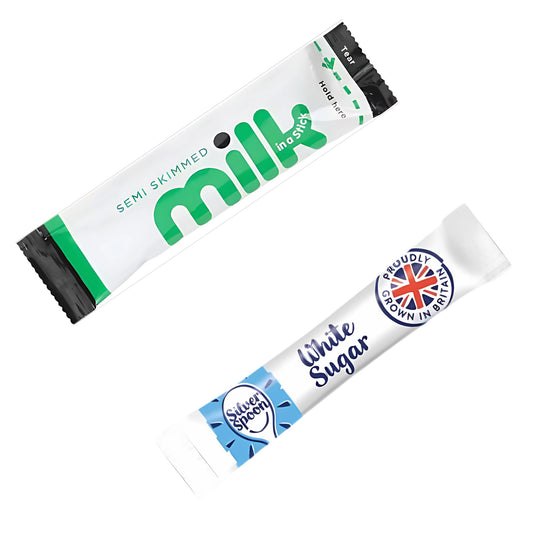 100 pack: 50 Individual Milk & 50 SilverSpoon Sugar Portions - Semi-Skimmed Long Life Milk Sachets & Sugar Sachets Bundle for Coffee & Tea - Office & Travel Friendly - Exclusive to Espresso Yourself
