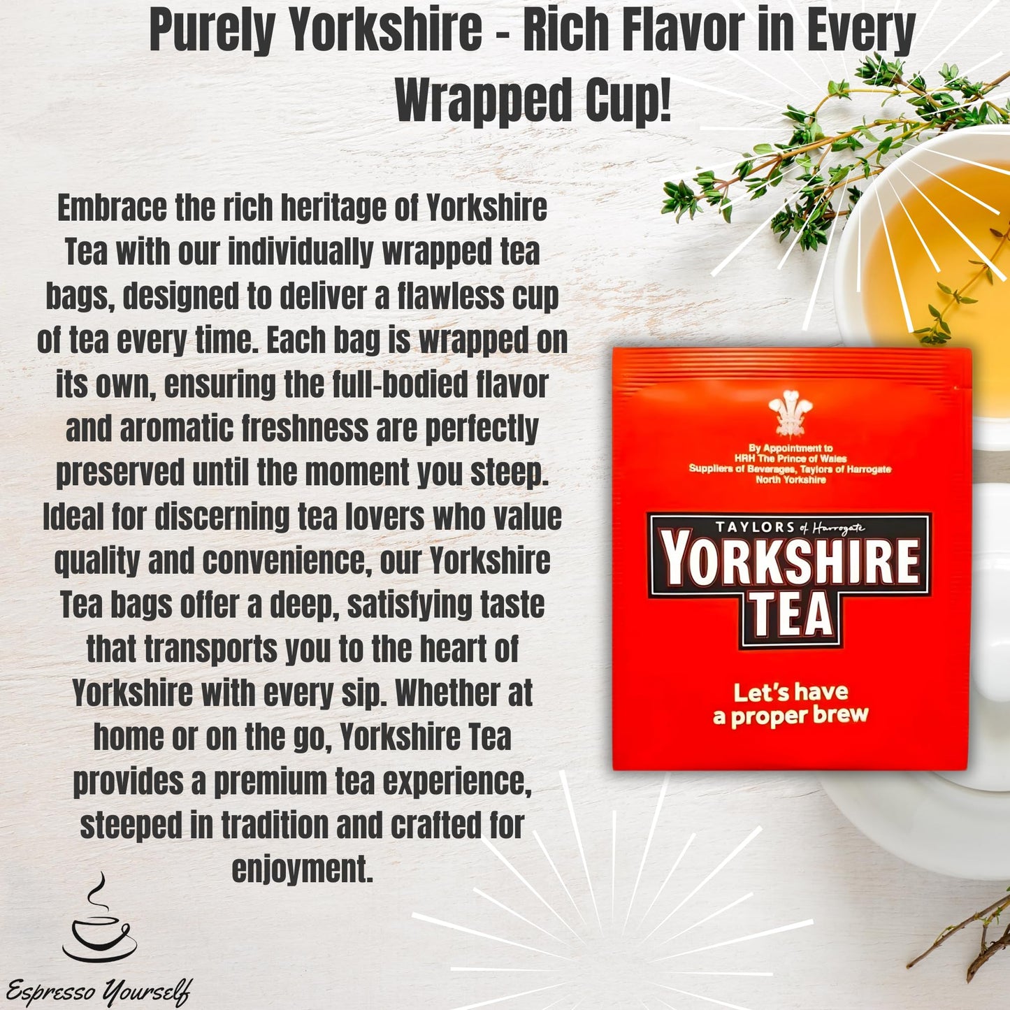 120 Tea Set – 30 Yorkshire Individually Wrapped Tea Bags, 30 Lakeland UHT Milk Sachets, 60 SilverSpoon Sugar Sticks | Tea Sachets Bundle for Office, Travel & Home | Espresso Yourself