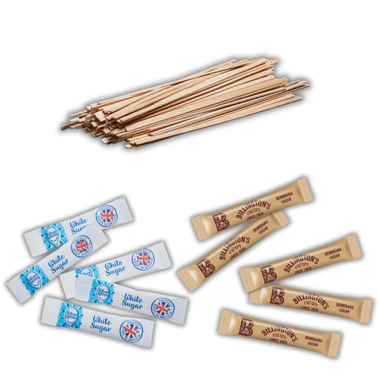 300 Pack – 100 SilverSpoon White Sugar Sachets, 100 Billington's Brown Sugar Sachets, 100 Wooden Coffee Stirrers | Individually Wrapped Sugar Sticks & Stirrers Set | Espresso Yourself