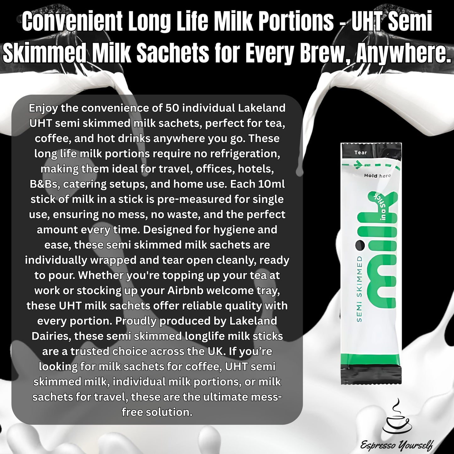 100 pack: 50 Individual Milk & 50 SilverSpoon Sugar Portions - Semi-Skimmed Long Life Milk Sachets & Sugar Sachets Bundle for Coffee & Tea - Office & Travel Friendly - Exclusive to Espresso Yourself