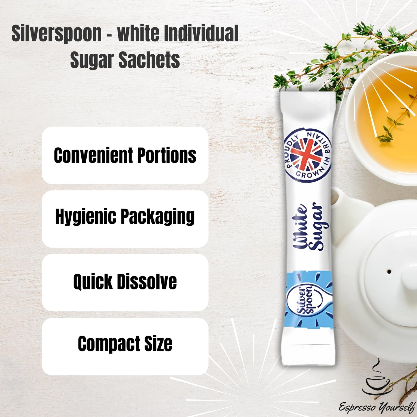 150 White Sugar Sticks – Granulated Individual Packets for Tea & Coffee | Letterbox Friendly | Packed by Espresso Yourself | Premium White Sachets