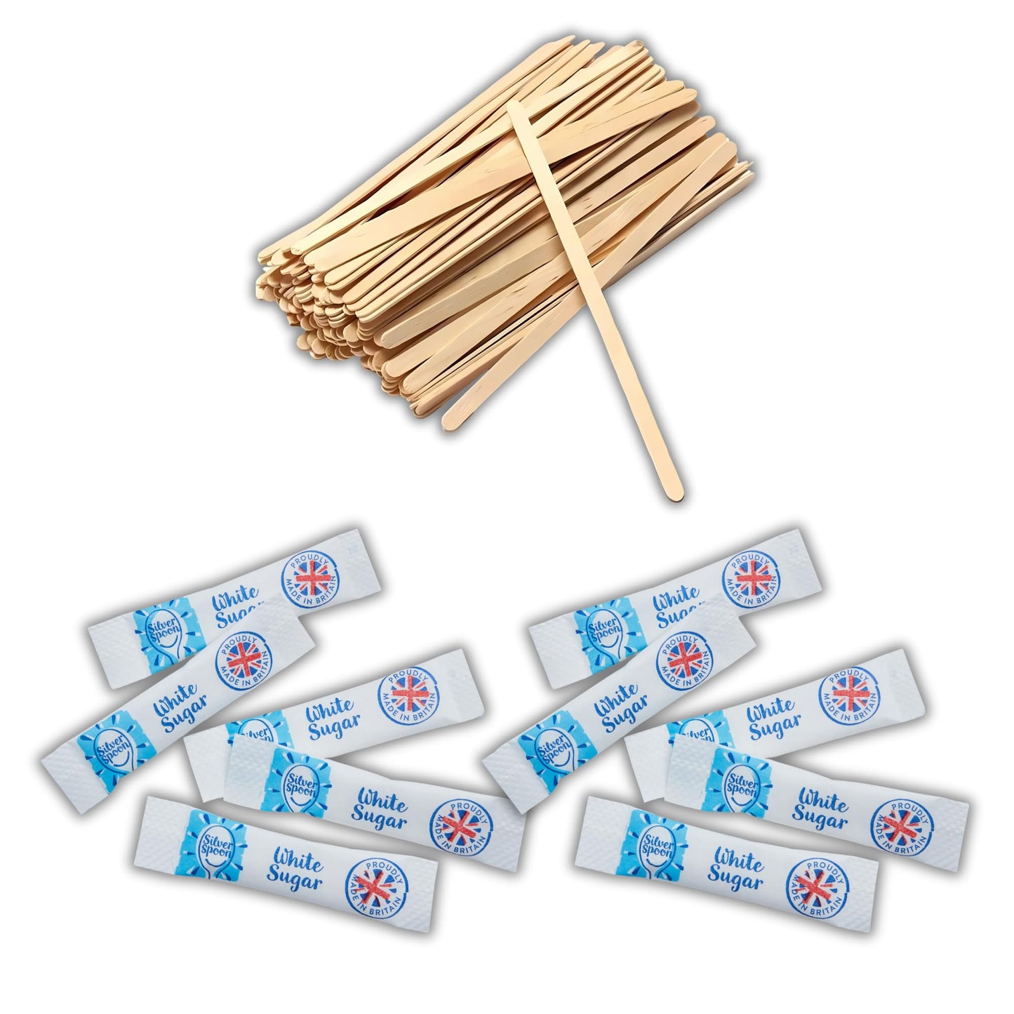 200 White Sugar Sticks & 100 Wooden Coffee Stirrers, Disposable & Eco-Friendly 140mm – Silverspoon Sugar Sachets, Granulated Sugar, Stirring Sticks for Hot Drinks – Espresso Yourself