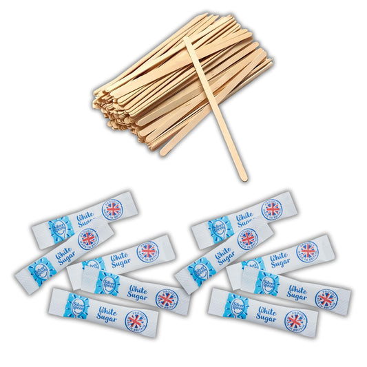 200 White Sugar Sticks & 100 Wooden Coffee Stirrers, Disposable & Eco-Friendly 140mm – Silverspoon Sugar Sachets, Granulated Sugar, Stirring Sticks for Hot Drinks – Espresso Yourself