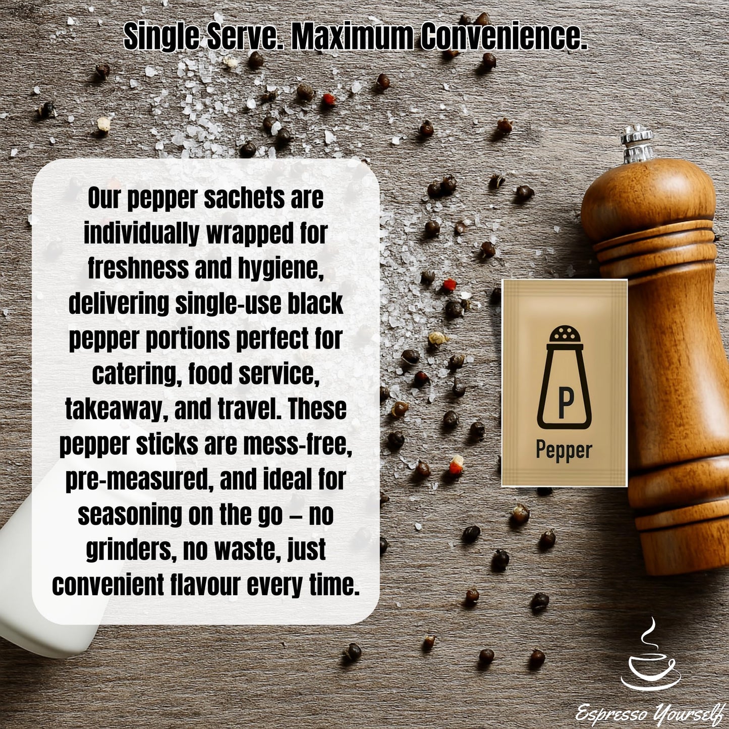 200 Salt & Pepper Sachets | 100 Salt Sachets & 100 Pepper Sachets | Individually Wrapped Portions | Disposable Condiment Sachets for Catering, Takeaway, Travel, Lunchboxes & Portion Control | Espresso