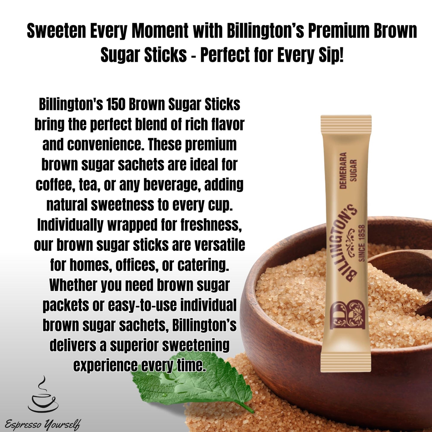 150 Brown Sugar Sticks | Demerara Sugar Sachets | Individual Brown Sugar Sachets | Sugar Sticks for Tea & Coffee | Letterbox Friendly | Packed by Espresso Yourself